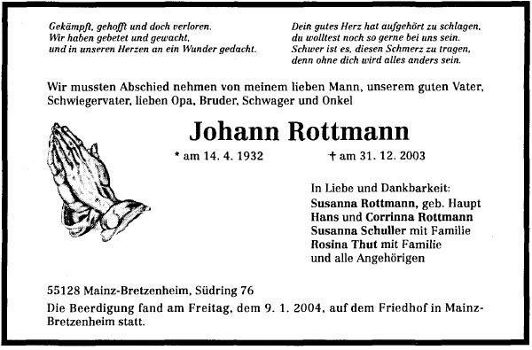 Rottmann Johann 1932-2003 Todesanzeige